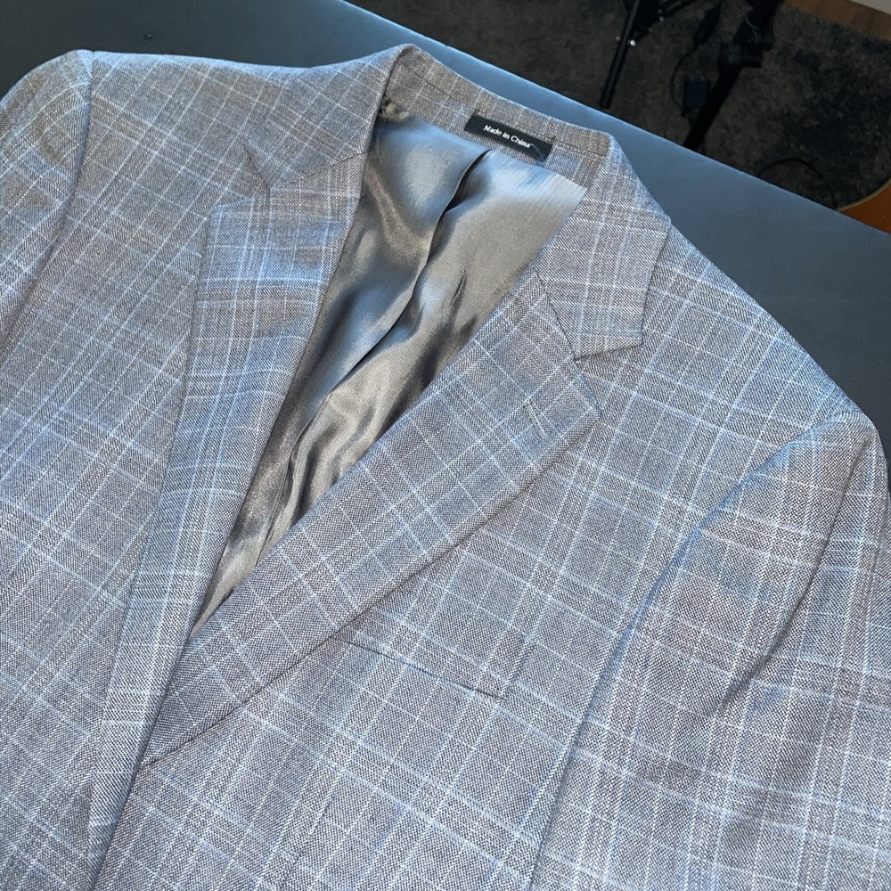 Joseph Feiss Gold Blazer Mens 38R Gray Blue Plaid Wool Blend Sport Coat